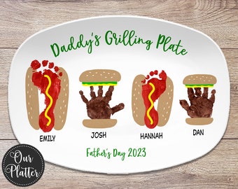 Burger Hot Dog Handprint Footprint Custom Plate, Personalized Gift for Father's Day, Gift for Dad from Kids