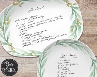 Handwritten Recipe Personalized Platter, Green Wreath Design, Transfer Recipe Gift, Handwriting Keepsake Plate, Family Recipe Heirloom Dish