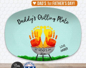 Personalized 1st Father’s Day Handprint BBQ Platter, First Father’s Day Gift from Baby, Custom Grilling Gift for Dad
