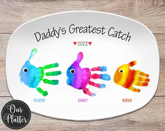 Handprint Custom Personalized Platter for Father's Day, Greatest Catch, Gift for Dad from Kids, Handprint Plate for Daddy or Grandpa