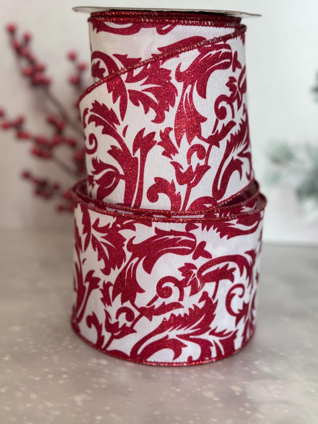 White With Red Scroll Ribbon, Glitter Wired Ribbon, Christmas Ribbon ...