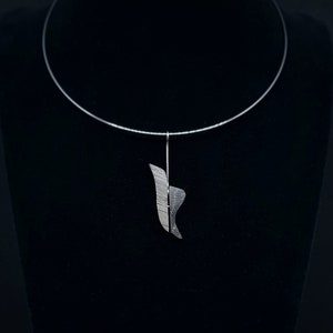 Wave shape, gray bog-wood pendant necklace, Wooden pendant, Stiff wire choker necklace, Minimalistic geometric wooden necklace