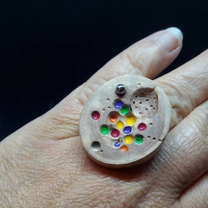 Colorful organic statement ring, Dotted playful jewelry, Branch slice reclaimed wood ring, Wooden artistic OOAK unique artisan jewellery