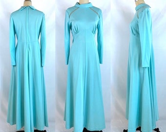 Vintage 70s Maxi Dress Rhinestones Blue M/L