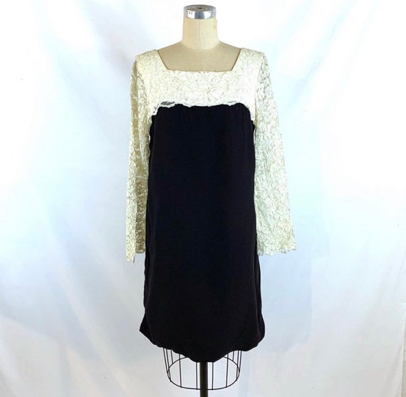 Vintage 60s Dress Lace Bell Sleeves Black & White - image 1