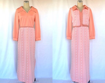 Vintage 70s Maxi Dress & Vest Aztec Print Coral M