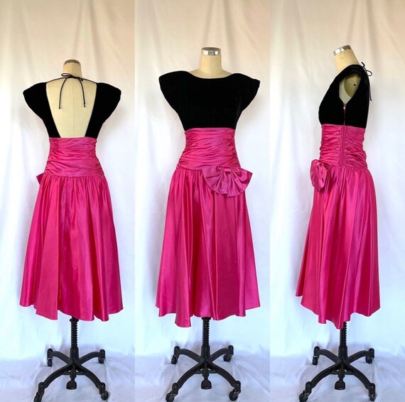 Vintage 80s Dress Velvet & Satin Prom Formal Gown