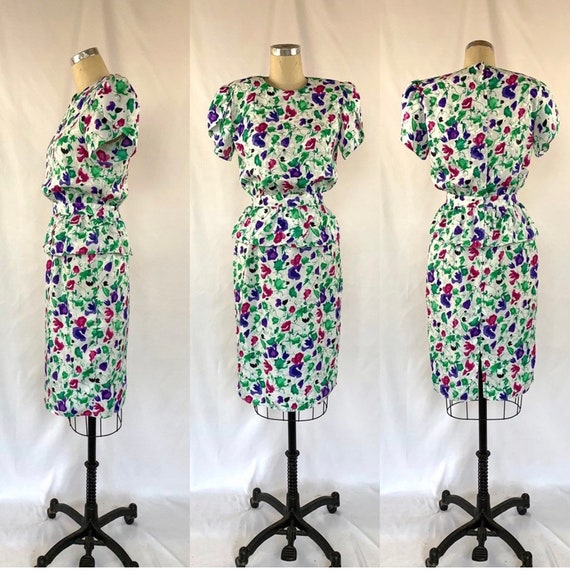 Vintage 80s Floral Dress Peplum Multi Color Small - image 1