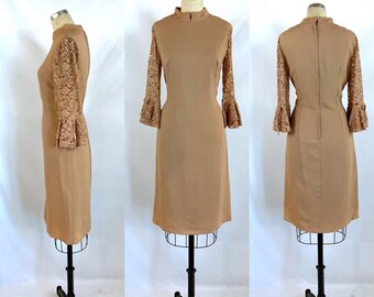 Vintage 60s 70s Dress Lace Bell Sleeve Mock Neck L