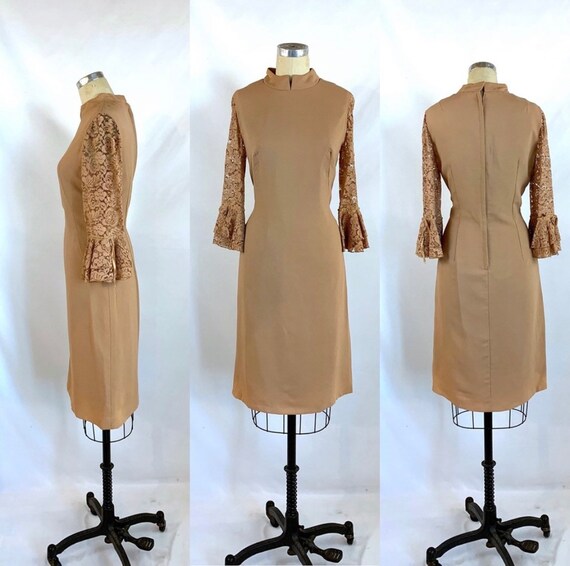 Vintage 60s 70s Dress Lace Bell Sleeve Mock Neck L - image 1