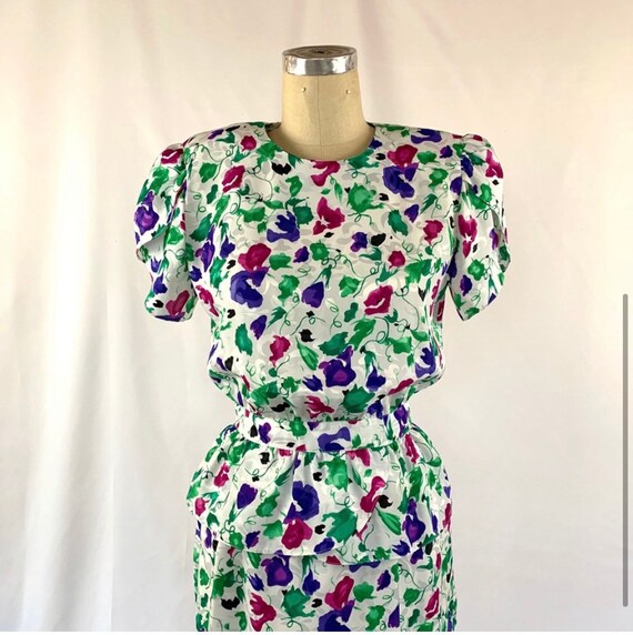 Vintage 80s Floral Dress Peplum Multi Color Small - image 2