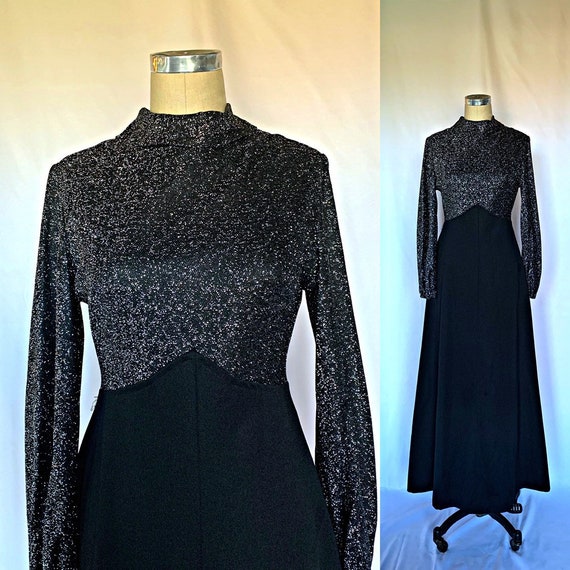 Vintage 70s Metallic Maxi Dress Disco Mock Neck