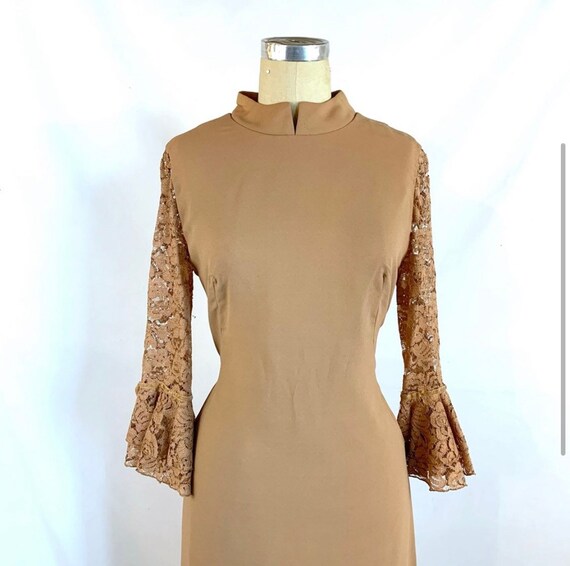 Vintage 60s 70s Dress Lace Bell Sleeve Mock Neck L - image 3