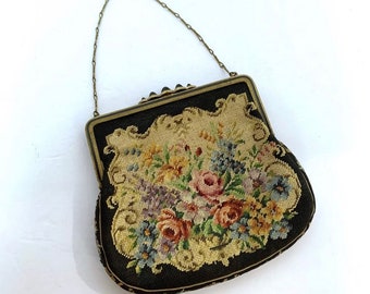 Vintage 1930s Purse Petit Point Floral Embroidery