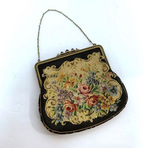 Vintage Petit Point Handbag with black clasp