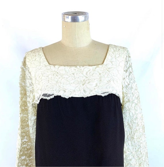 Vintage 60s Dress Lace Bell Sleeves Black & White - image 4