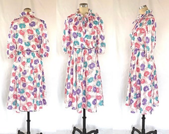 Vintage 80s Dress Floral Ruffle Collar Mini Pleat