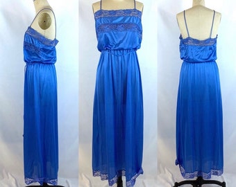 Vintage 70s 80s Maxi Slip Dress Bright Blue Tie Belt