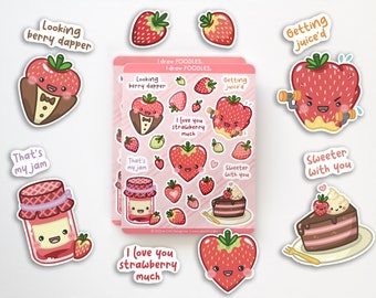 Strawberry Puns Sticker Sheet | Glossy Cute Stickers for Cards Planners Journals Scrapbook