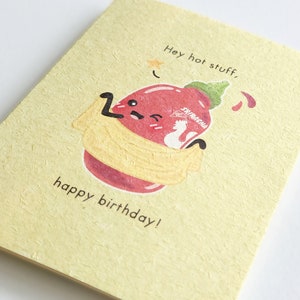 Hey Hot Stuff | Cute Naughty Birthday Card on Recycled Pulp Cardstock, Asian Sriracha Chili Sauce Pun