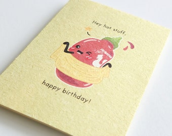 Hey Hot Stuff | Cute Naughty Birthday Card on Recycled Pulp Cardstock, Asian Sriracha Chili Sauce Pun
