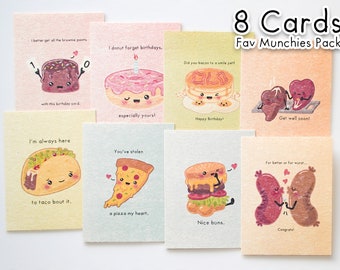 8-Card 'Favorite Munchies' Variety Pack | Cute Pun Greeting Cards for Different Occasions | A2, Envelopes Included