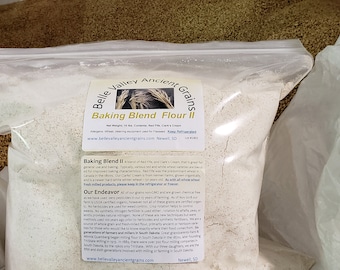 May include: A white plastic bag filled with a white powder labeled "Belle Valley Ancient Grains Baking Blend Flour II". The label also includes the website address "bellevalleyancientgrains.com" and the text "Our Endeavor".