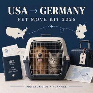 May include: A pet travel kit featuring a beige and dark blue plastic pet carrier containing a golden retriever and a tabby cat. Includes a dark blue document folder labeled PET TRAVEL DOCUMENTS, a suitcase with a luggage tag, and maps showing USA to Germany.