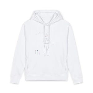 Könnte beinhalten: Weißer Kapuzenpullover mit Kordelzug und Kängurutasche. Auf der Vorderseite befindet sich eine minimalistische Illustration einer Person mit farbigen Akzenten. Das Design umfasst eine Figur mit langen Beinen und Armen, mit ein paar kleinen Blumen und Sternen.