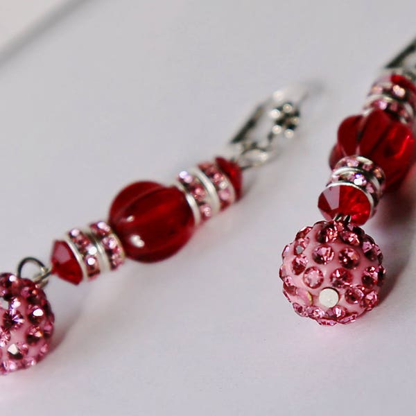 Two and a half inches of Fabulous! 1960s Style Red and Pink Sparkle Glamour Earrings ~ Swarovski crystal vintage rhinestones ~ BURLESQUE