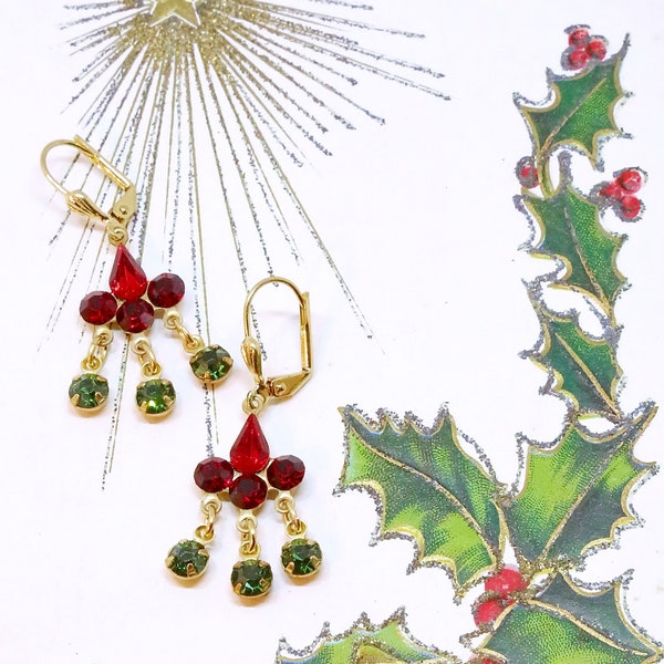 Dainty Victorian Style Christmas  Chandelier Earrings ~ Vintage Siam & Ruby Red + Green Swarovski Crystal Rhinestones ~ One of a Kind OoaK