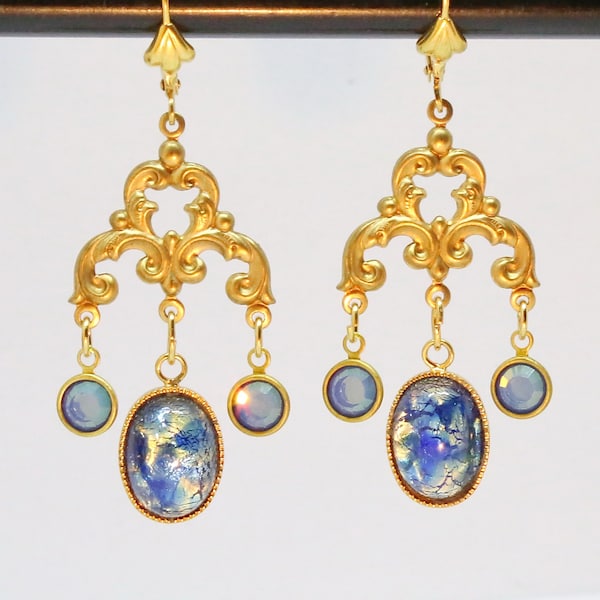 Was It Real or Just a Dream? Victorian Style Chandelier Earrings ~ Vintage Faceted Smoky Blue Drops & Gold-Laced Cabochons ~ OoaK