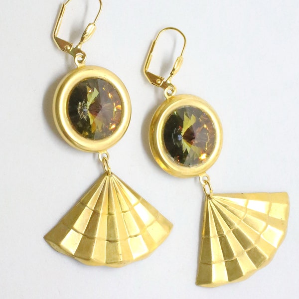 Totally '80s Style Nightclub Earrings - Big Sparkly Gold Bronze Copper Green Crystal Marea Preciosa Rivoli Rhinestones w/ Deco Fan Charms