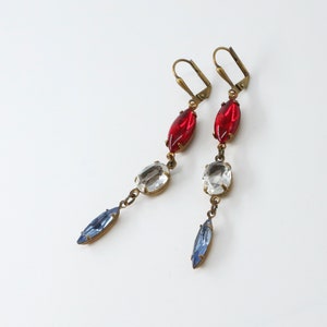 Elegant 1920&#39;s 1930&#39;s Art Deco Jazz Age Style 4th of July Earrings ~ Vintage Glass Stones in Antiqued Brass Settings ~ One of a Kind OoaK