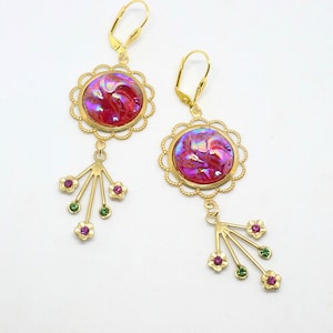 Flower Power 1960s Style Earrings - Vintage Mountain Top Red AB Cabochons w/ Swarovski Crystal Blossom Dangles - Texture & Sparkle! OoaK
