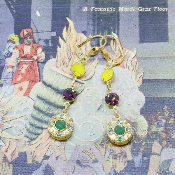 Regal Edwardian Style Mardi Gras Carnival Earrings ~ Vintage Rhinestones in Amethyst, Yellow and Palace Green Opal ~ One of a Kind