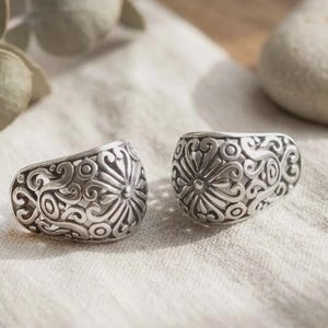 Sterling Silver Celtic Heart Huggies • Ornate Oxidized Floral Scroll • Vintage Tibetan Style Hoop