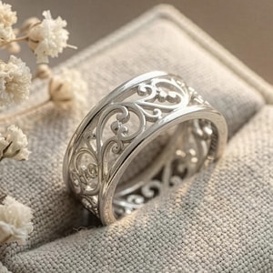 スターリングシルバーのフィリグリーリング • 925 ワイドヴァインエタニティバンド • オープンスクロールステートメント