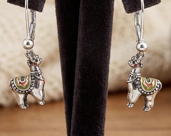 925 Sterling Silver Alpaca Llama Earrings with Enamel Details | Leverback Dangle Animal Jewelry Gift, 3D Llamas, Unique Handmade Earrings
