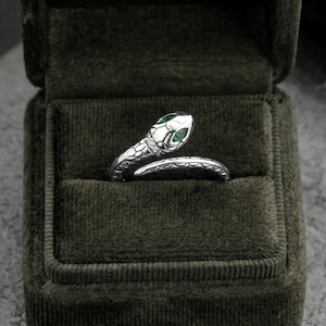 925 Sterling Silver Snake Ring • Emerald Green CZ Wraparound Adjustable Band • Dainty Oxidized Serpent Jewelry • Animal Statement Piece