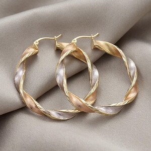 925 Sterling Silver Tricolor Hoop Earrings | Bold, Three Tone, Twisted, Satin Finish, Gold ,Rose, White Fancy, Elegant