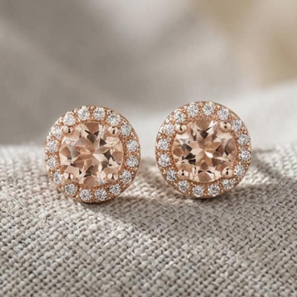 Halo Morganite CZ Stud Earrings, Sterling Silver + 14K Rose Gold Overlay, Bridal, Wedding, Sparkly