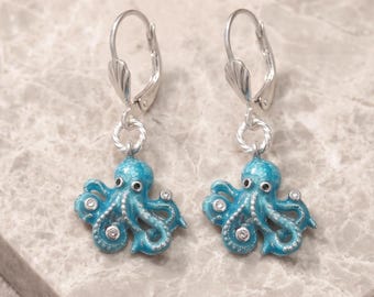 925 Sterling Silver Blue Octopus Earrings, 1-3/8 Inch Enamel Sea Life Dangles