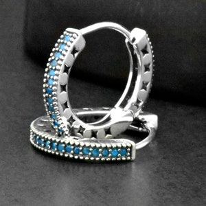 Sterling Silver Hoop Earrings with Turquoise Gemstones – Boho Star Cutout Design, Handmade 925 Huggies, Excellent Elegant Gift for Her