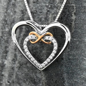 Fine 925 Sterling Silver Yellow 14kt Yellow Gold Vermeil Friendship Bridal Halo Pave Simulated Diamond Double Heart Pendant Necklace