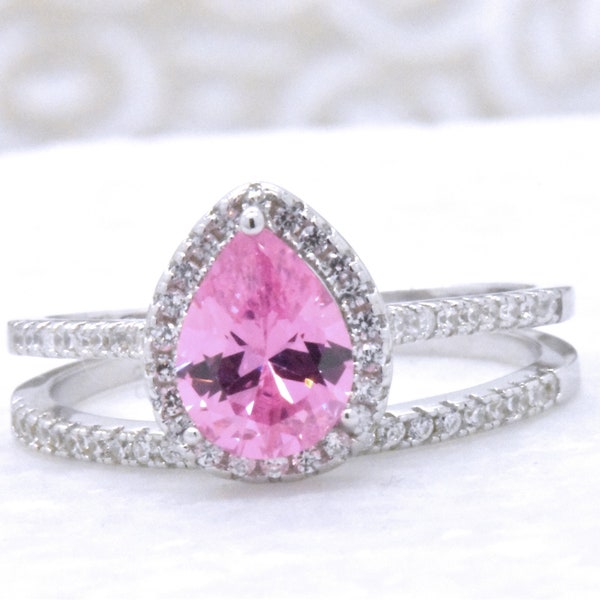 925 Sterling Silver Pear Cut Pink Sim Sapphire Halo Wedding Bridal Friendship Promise Stackable Ring and Simulated Diamond Band Art Set