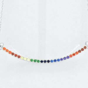 925 Sterling Silver Fine Women&#39;s MultiColor Curved Bar Rainbow Round Cut Sim Sapphire Prong set Adjustable Chain Necklace