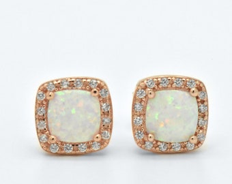 Fine 925 Sterling Silver Halo Art Deco Wedding Bridal Friendship Pageant Vintage Antique Style White Cabochon Opal Stud Earrings