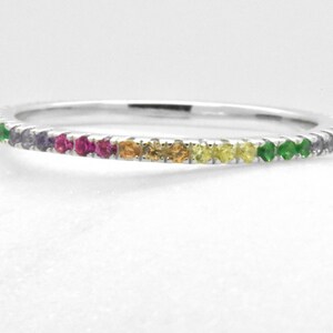 925 Sterling Silver & 14k White Gold Overlay Rainbow MultiColor Round Anniversary September Sim Sapphire Dainty Thin Stackable Eternity Ring