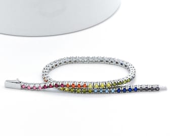 Handmade 925 Sterling Silver Rainbow MultiColor Round Cut Prong Set Sim Sapphire Dainty Tennis Bracelet 7.25-inch Long